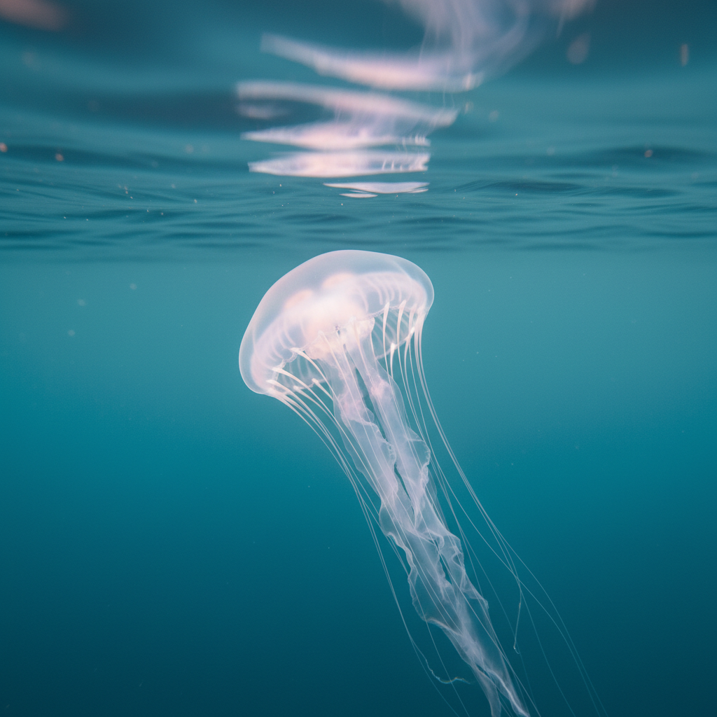 A serene macro-style underwater photograph of a translucent jellyfish drifting in open water, its bell glowing softly with pastel pinks and blues and its delicate, threadlike tentacles trailing gracefully downward. The camera is positioned slightly below the jellyfish, shooting upward so the faintly rippled water surface appears as a soft, abstract backdrop. Gentle, diffused light from an overcast sky above creates a dreamy, even illumination, with subtle rim lighting along the jellyfish’s edge. The background is a smooth gradient from deep teal to lighter turquoise, with minimal distractions. The composition is minimalist, with lots of negative space around the subject. The mood is ethereal and contemplative, showcasing artistic underwater photography in a clean, professional, photographic realism style, perfect for a fine-art portfolio gallery.