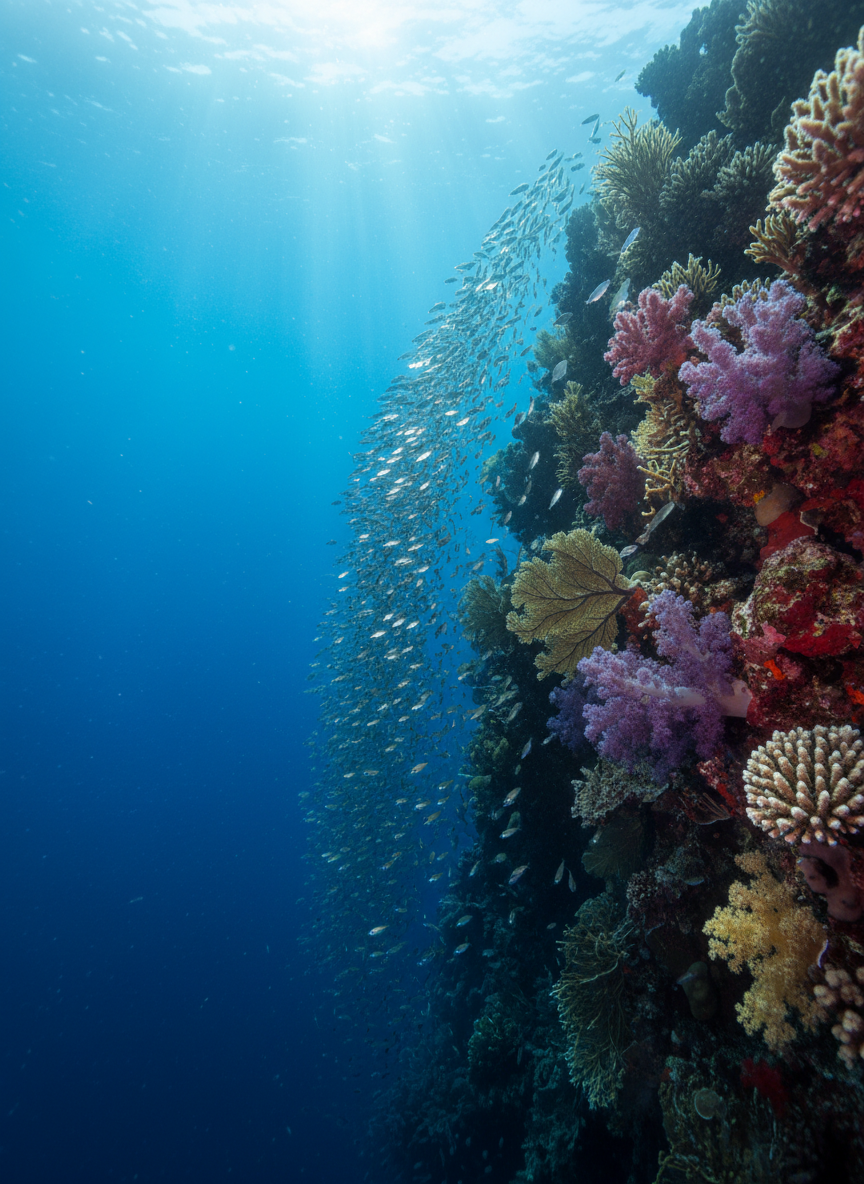 A high-resolution underwater photograph capturing a vibrant coral reef drop-off, with intricate branching corals, soft corals gently swaying, and schools of tiny silver fish forming shimmering clouds. The camera is positioned at eye level, looking along the reef wall that falls into deep cobalt blue water. Sunbeams filter from the surface above, creating dramatic shafts of light and softly illuminated particles suspended in the water. The mood is serene and awe-inspiring, emphasizing pristine natural beauty. The composition follows the rule of thirds, with the reef on one side and open blue on the other, sharp focus throughout. The style is clean, professional photographic realism, ideal as a hero image for an underwater photography portfolio.